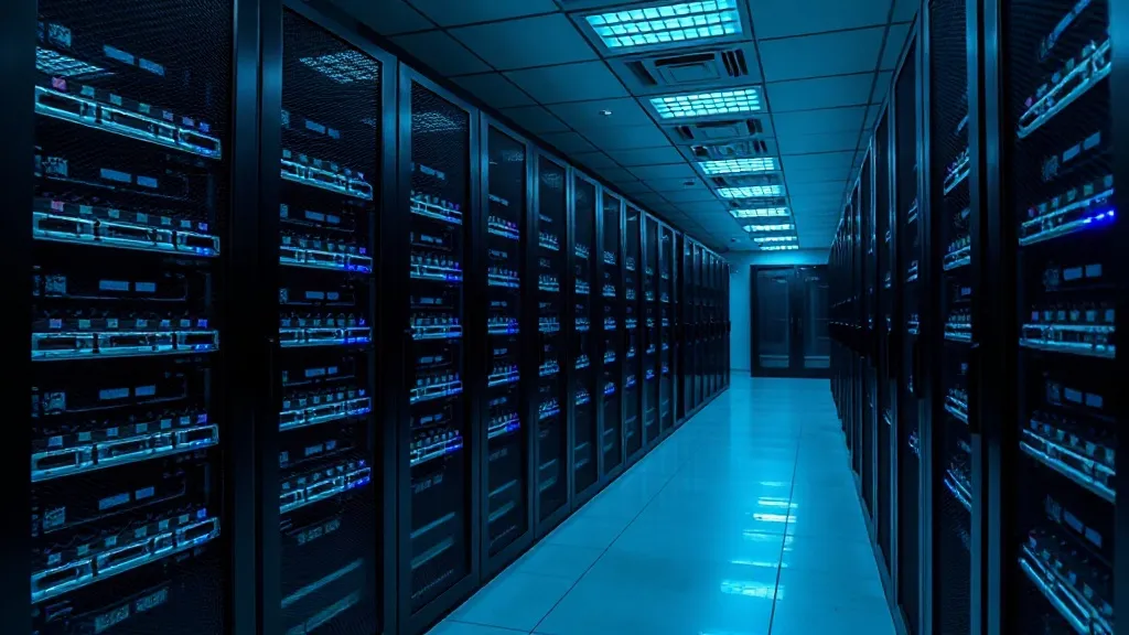 Interior of a modern server room with rows of racks, blue LE