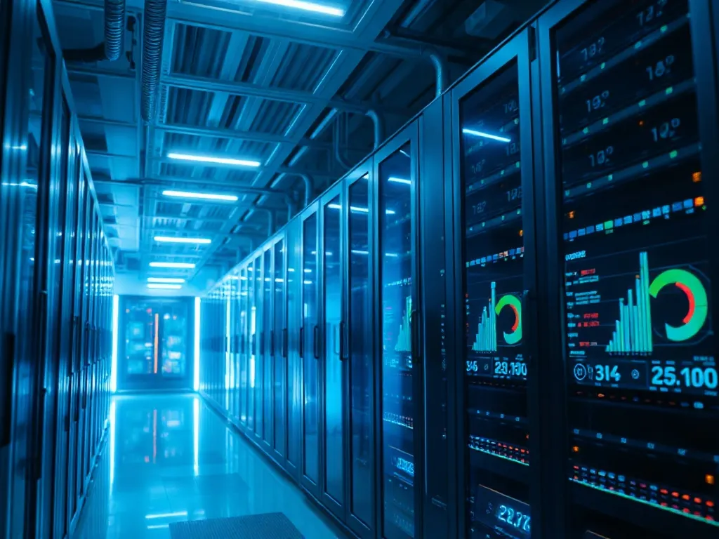 High-tech server room with blue and white glowing lights, te