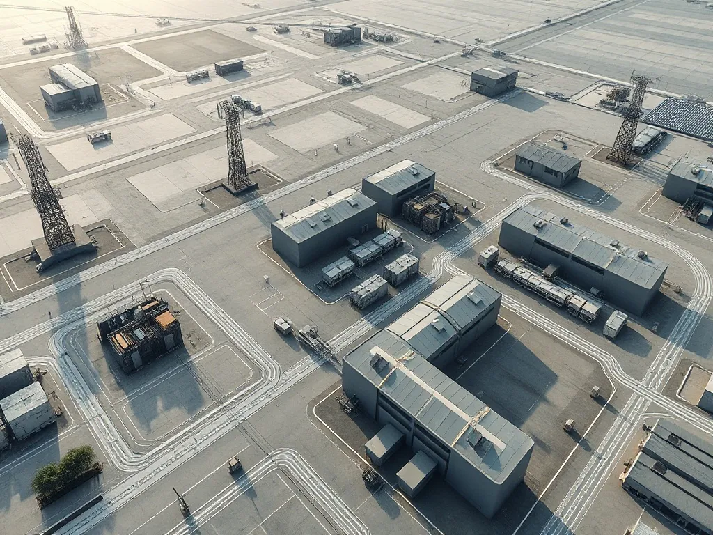 Aerial view of a modern industrial zone with telecommunicati